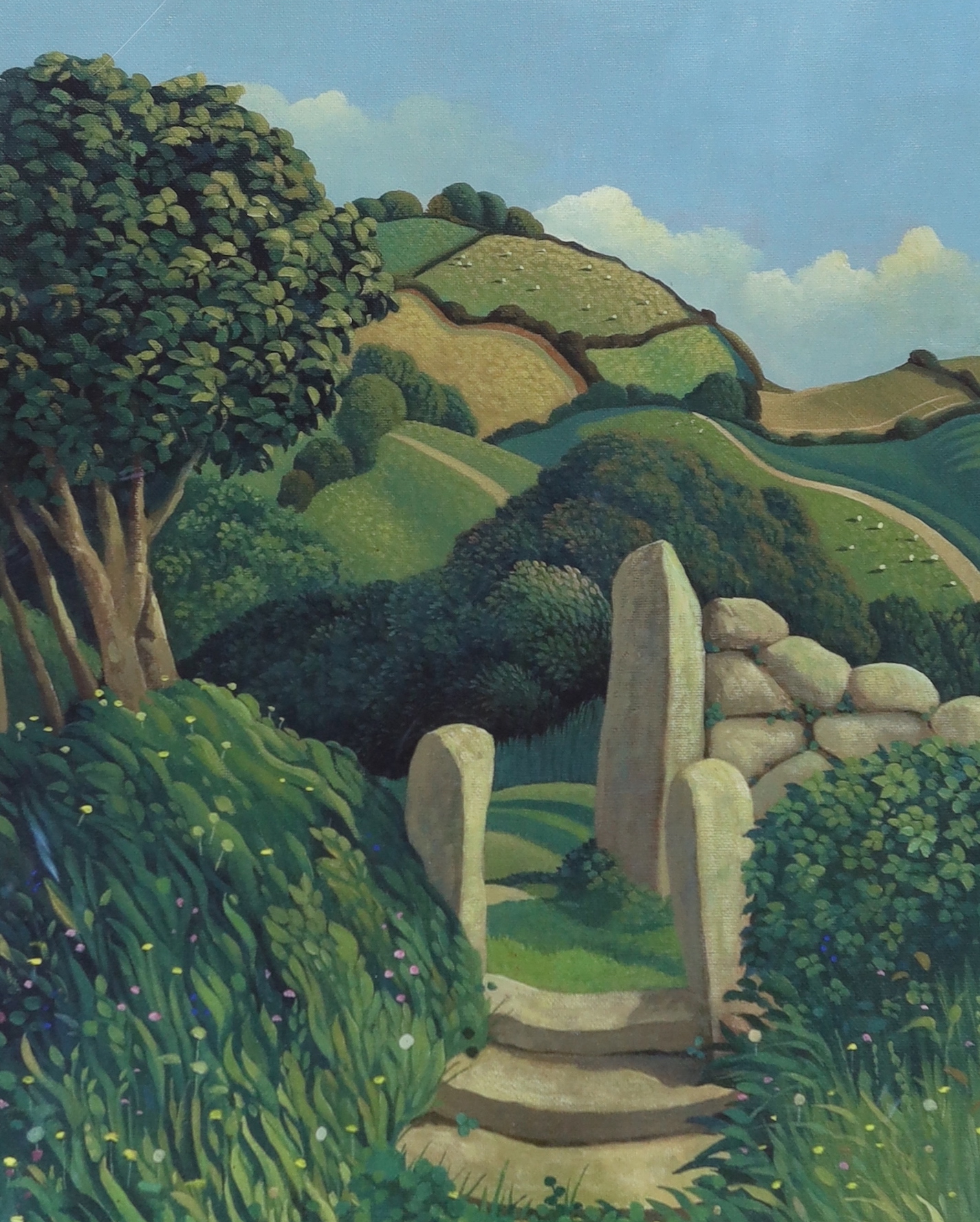 Jo March (b.1962) limited edition colour print, Hillside landscape with path, signed in pencil, 29/75, 47 x 37cm